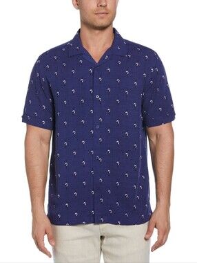 NWT Mens Cubavera Retro Geometric Print Shirt Skipper Blue Size XXL